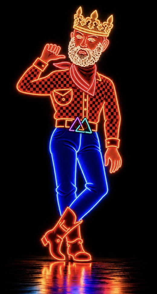 Neon AdTechGod in a cowboy outfit